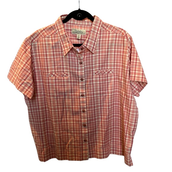 Cabela's Women's Button Up Short Sleeve Blouse Coral & Cream Plaid Size 2XL - Picture 1 of 10